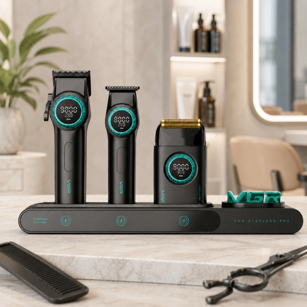 Профессиональный набор для барберов VGR Stepless Pro 3 in 1 BLACK / Мужской комплект для стрижки VGR