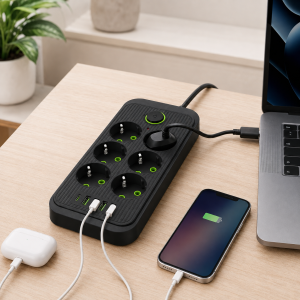 Сетевой фильтр (удлинитель) / Power — Socket F06U 6 розеток 4 USB + Type-C черный 26X-211 / Сетевой удлинитель розеток — фото 2