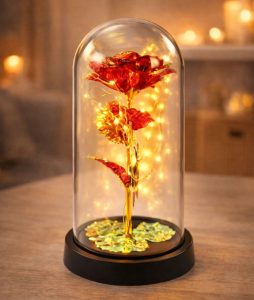 Вечная роза в колбе с подсветкой 21 см, на батарейках RED GOLD
