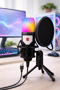 Игровой микрофон для ПК и приставки с RGB подстветкой / Микрофон конденсаторный с поп-фильтром на подставке для блоггеров