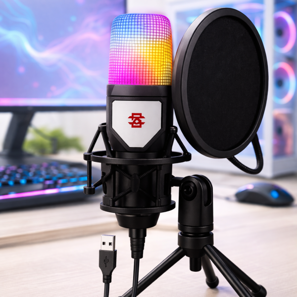 Игровой микрофон для ПК и приставки с RGB подстветкой / Микрофон конденсаторный с поп-фильтром на подставке для блоггеров