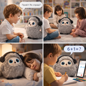Игрушка с искусственным интеллектом Bobo / Интерактивная плюшевая игрушка BOBO с AI, голосом и LED глазами / Умная игрушка 22х25см Серый — фото 2